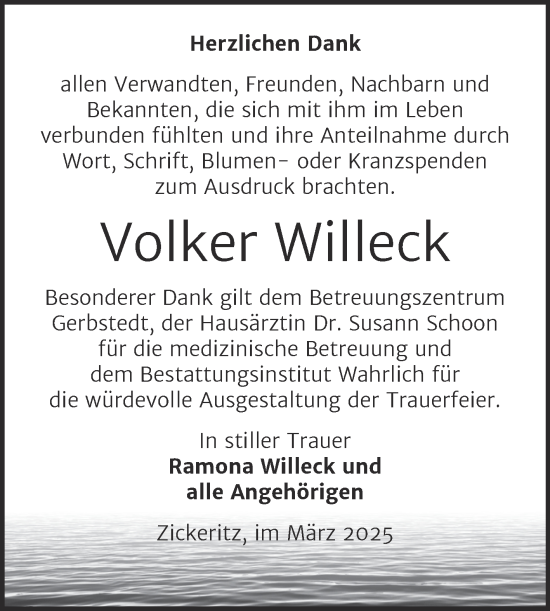 Traueranzeige von Volker Willeck von Trauerkombi Bernburg