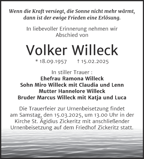 Traueranzeige von Volker Willeck von Trauerkombi Bernburg