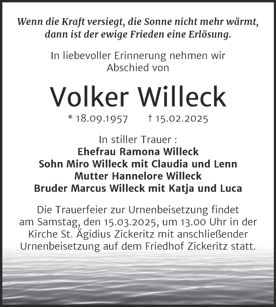  Traueranzeige für Volker Willeck vom 07.03.2025 aus Trauerkombi Bernburg
