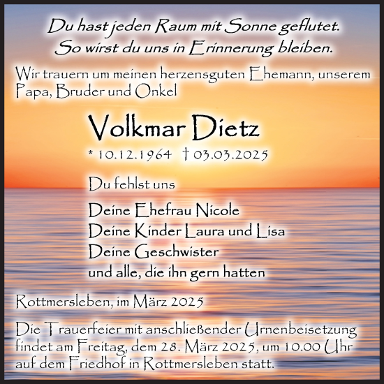 Traueranzeige von Volkmar Dietz von Volksstimme Haldensleben/Wolmirstedt