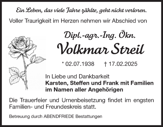 Traueranzeige von Volkmar Streil von Volksstimme Magdeburg