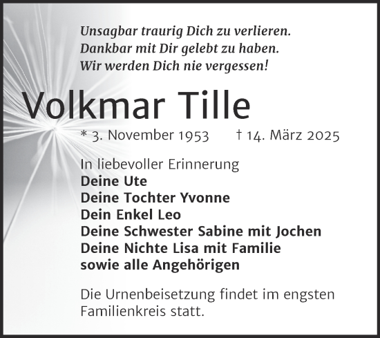 Traueranzeige von Volkmar Tille von Trauerkombi Weißenfels