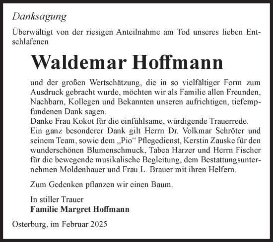 Traueranzeige von Waldemar Hoffmann von Volksstimme Altmark Ost