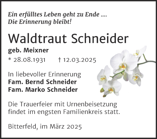 Traueranzeige von Waldtraut Schneider von Trauerkombi Bitterfeld