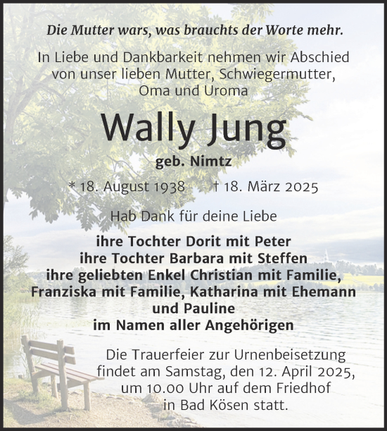 Traueranzeige von Wally Jung von Naumburger Tageblatt