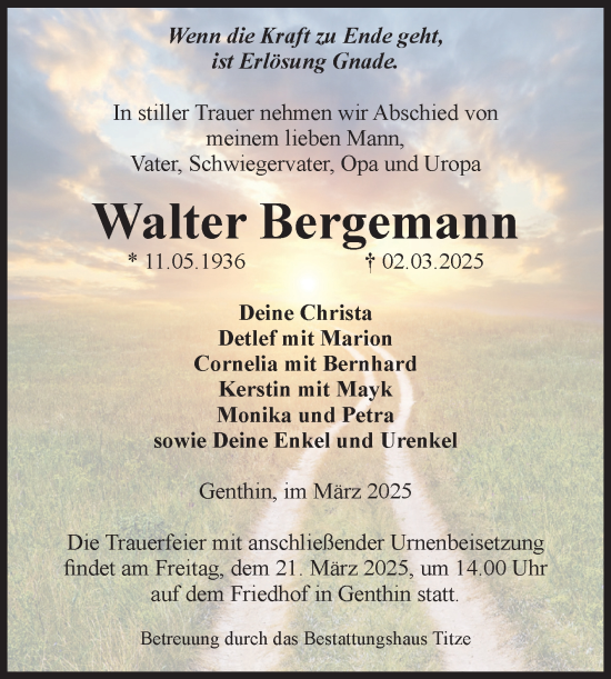 Traueranzeige von Walter Bergemann von Volksstimme Burg/Genthin