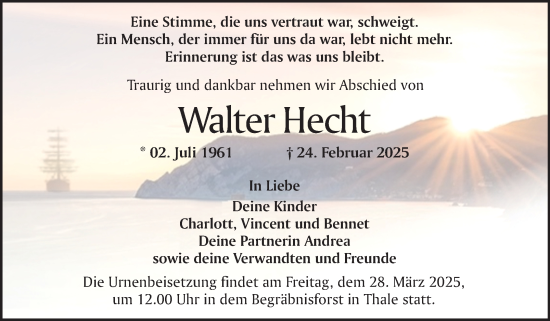 Traueranzeige von Walter Hecht von Trauerkombi Quedlinburg