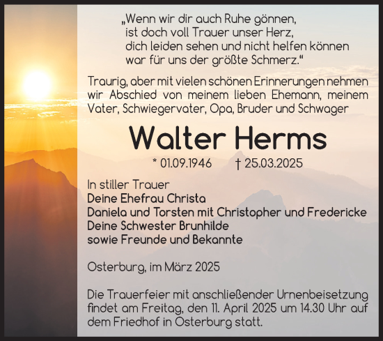 Traueranzeige von Walter Herms von Volksstimme Altmark Ost
