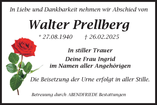 Traueranzeige von Walter Prellberg von Volksstimme Haldensleben/Wolmirstedt