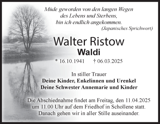 Traueranzeige von Walter Ristow von Volksstimme Altmark Ost