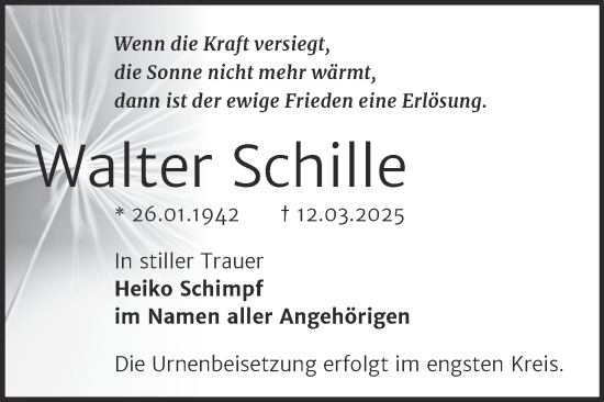 Traueranzeige von Walter Schille von Trauerkombi Bernburg