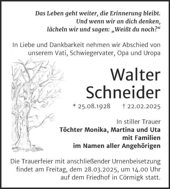 Traueranzeige von Walter Schneider von Trauerkombi Bernburg