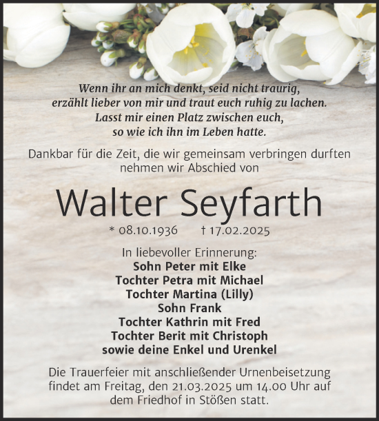 Traueranzeige von Walter Seyfarth von Super Sonntag Naumburg/Nebra