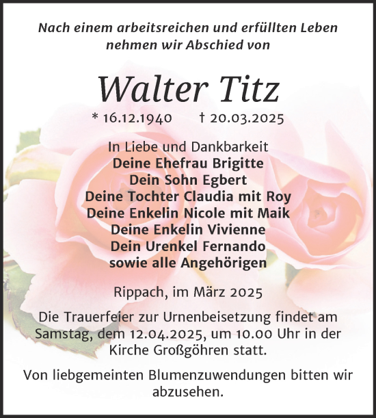 Traueranzeige von Walter Titz von Trauerkombi Weißenfels