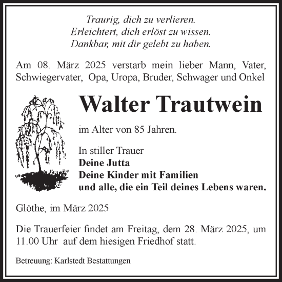 Traueranzeige von Walter Trautwein von Volksstimme Schönebeck