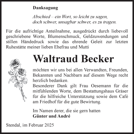 Traueranzeige von Waltraud Becker von Volksstimme Altmark Ost