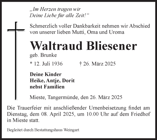 Traueranzeige von Waltraud Bliesener von Volksstimme Altmark Ost