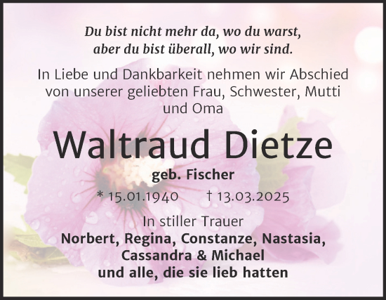 Traueranzeige von Waltraud Dietze von Trauerkombi Wittenberg