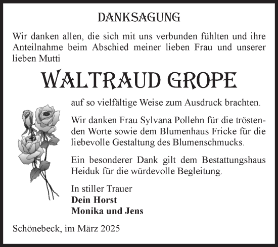 Traueranzeige von Waltraud Grope von Volksstimme Schönebeck