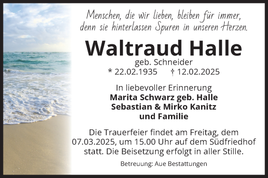 Traueranzeige von Waltraud Halle von Volksstimme Magdeburg