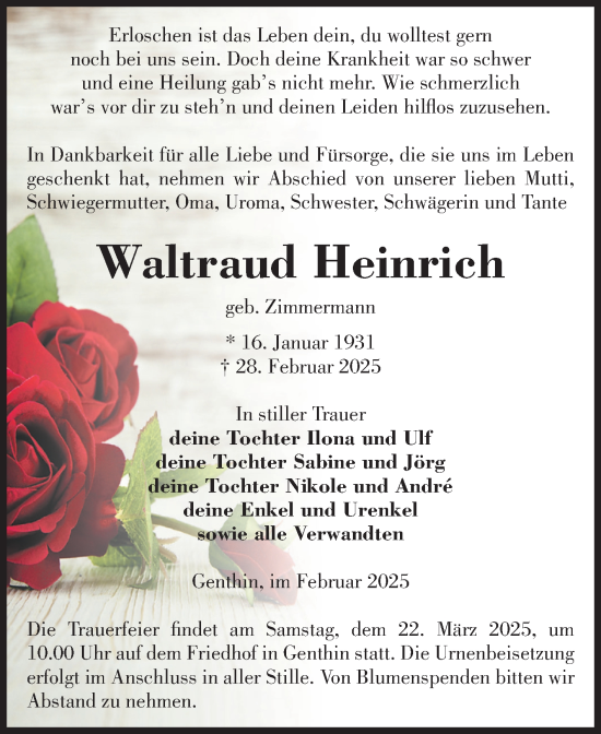 Traueranzeige von Waltraud Heinrich von Volksstimme Burg/Genthin