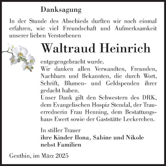 Traueranzeige von Waltraud Heinrich von Volksstimme Burg/Genthin