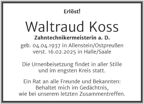 Traueranzeige von Waltraud Koss von Mitteldeutsche Zeitung Halle/Saalkreis