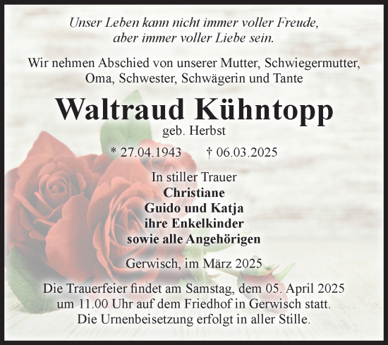 Traueranzeige von Waltraud Kühntopp 