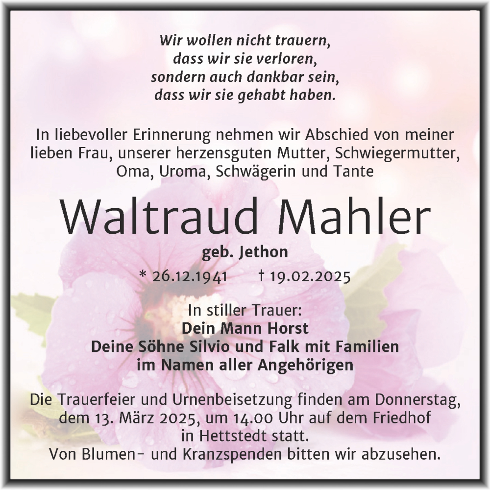 Traueranzeige für Waltraud Mahler vom 01.03.2025 aus Trauerkombi Mansfelder Land