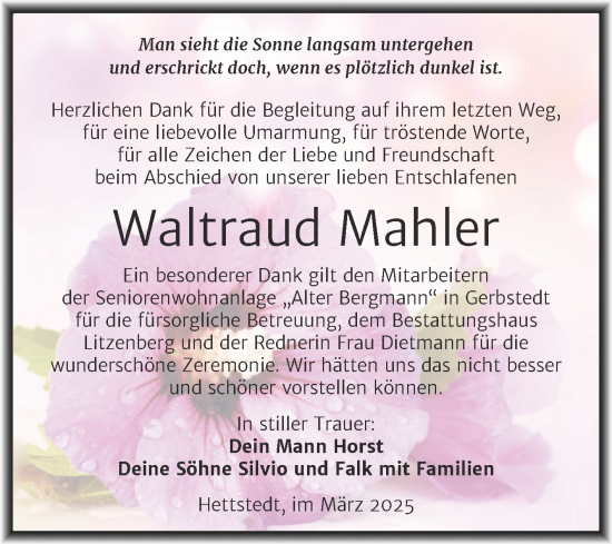 Traueranzeige von Waltraud Mahler von Trauerkombi Mansfelder Land