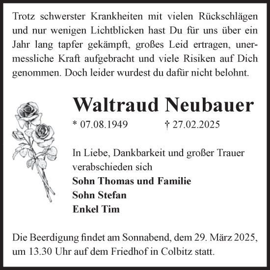 Traueranzeige von Waltraud Neubauer von Volksstimme Haldensleben/Wolmirstedt