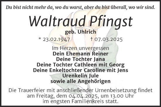 Traueranzeige von Waltraud Pfingst von Trauerkombi Merseburg