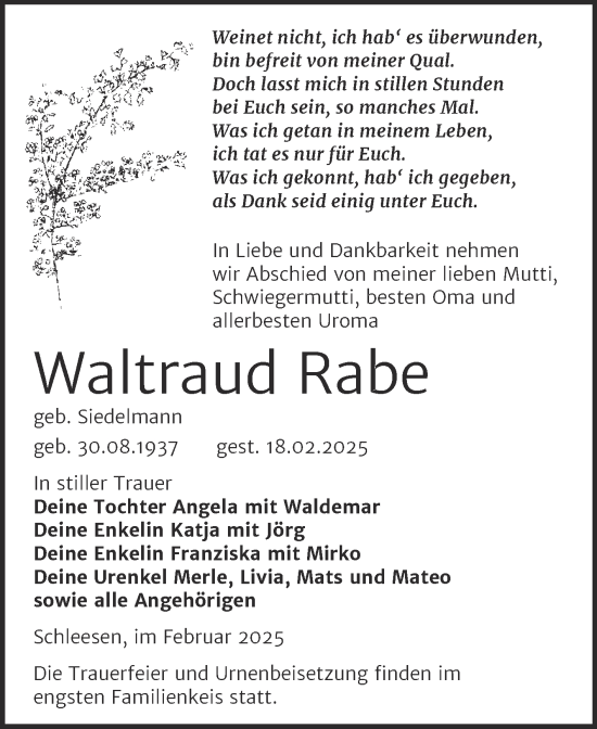 Traueranzeige von Waltraud Rabe von Trauerkombi Wittenberg