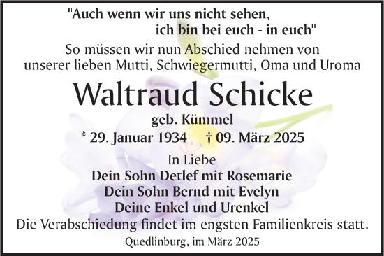 Traueranzeige von Waltraud Schicke von Trauerkombi Quedlinburg