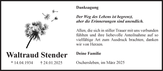 Traueranzeige von Waltraud Stender von Volksstimme Oschersleben/Wanzleben