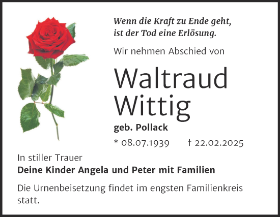 Traueranzeige von Waltraud Wittig von Trauerkombi Wittenberg
