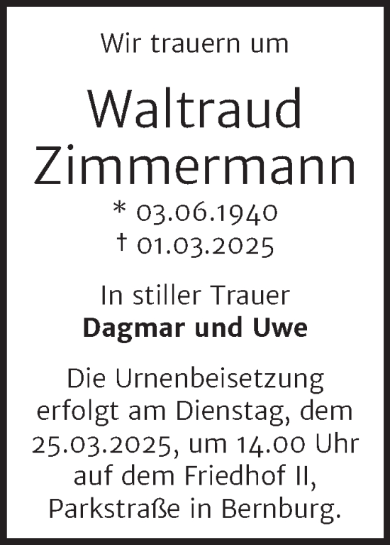 Traueranzeige von Waltraud Zimmermann von Trauerkombi Bernburg
