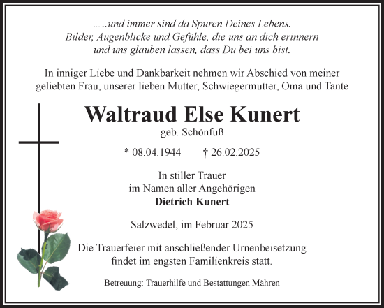 Traueranzeige von Waltraud Else Kunert von Volksstimme Altmark West