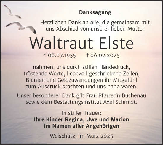 Traueranzeige von Waltraut Elste von Super Sonntag Naumburg/Nebra