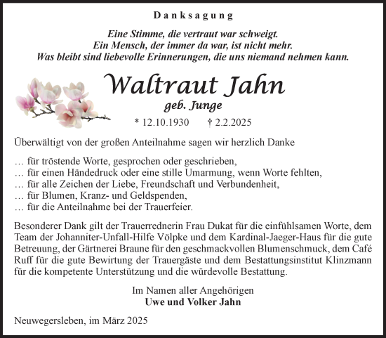 Traueranzeige von Waltraut Jahn von Volksstimme Oschersleben/Wanzleben