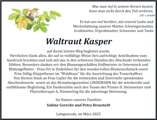 Traueranzeige von Waltraut Kasper von Volksstimme Halberstadt