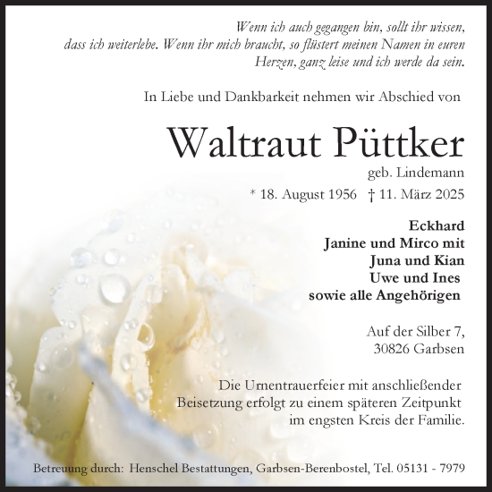 Traueranzeige von Waltraut Püttker von Volksstimme Altmark Ost
