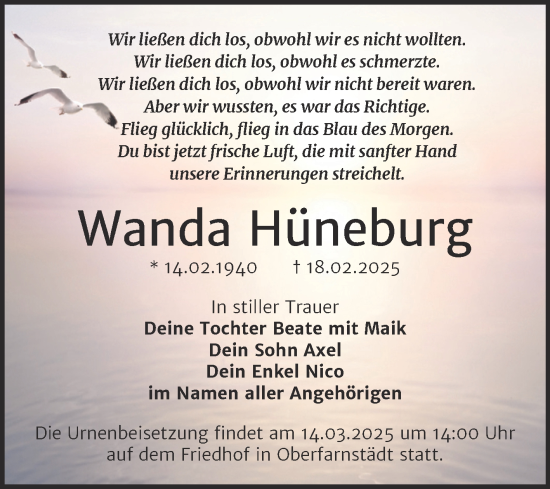 Traueranzeige von Wanda Hüneburg von Trauerkombi Merseburg