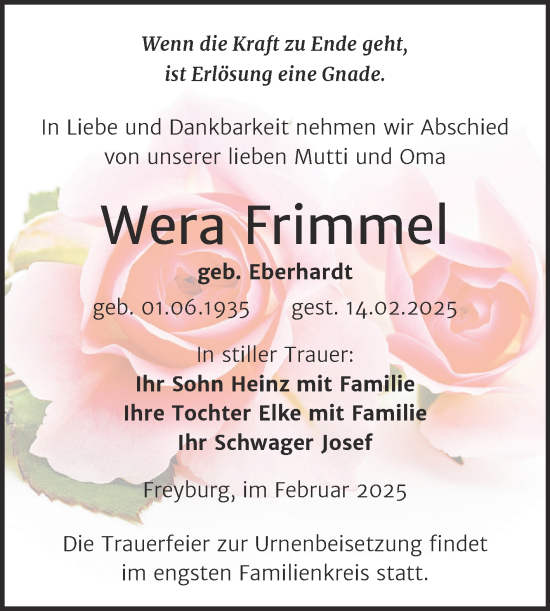 Traueranzeige von Wera Frimmel von Super Sonntag Naumburg/Nebra