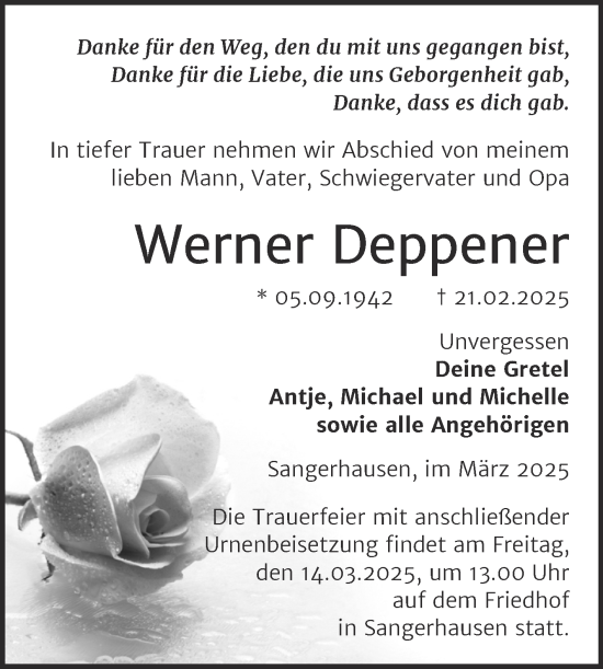 Traueranzeige von Werner Deppener von Trauerkombi Sangerhausen