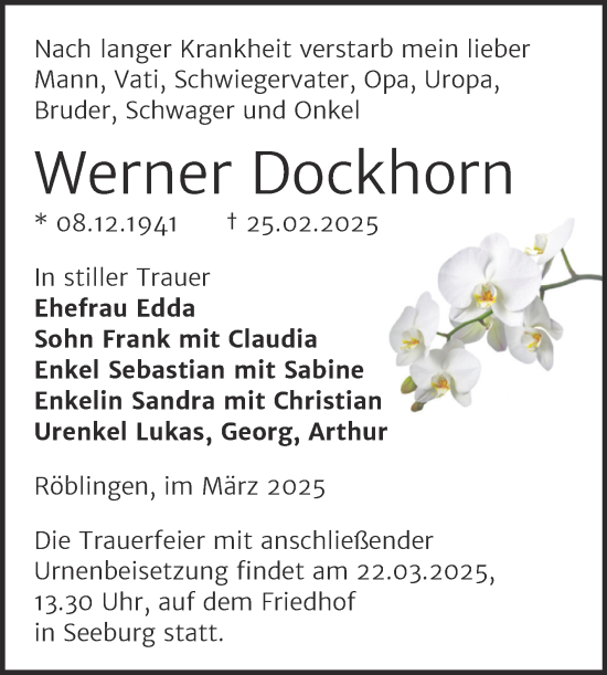 Traueranzeige von Werner Dockhorn von Trauerkombi Mansfelder Land