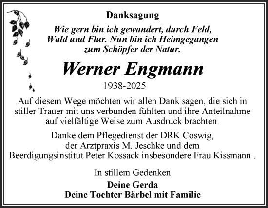 Traueranzeige von Werner Engmann von Trauerkombi Wittenberg