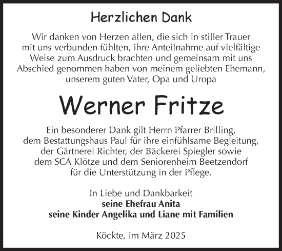 Traueranzeige von Werner Fritze von Volksstimme Altmark West