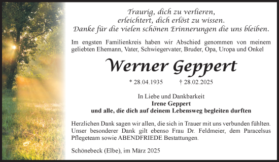 Traueranzeige von Werner Geppert von Volksstimme Schönebeck