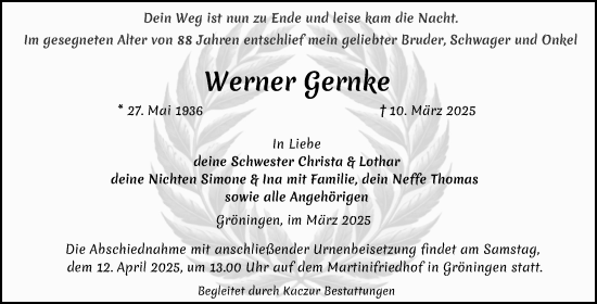 Traueranzeige von Werner Gernke von Volksstimme Oschersleben/Wanzleben